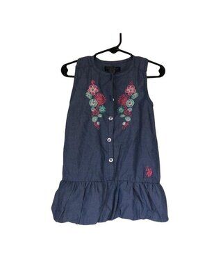 U.S. Polo Assn Girls 4T Sleeveless Dress Blue Floral Embroidery bubble hem